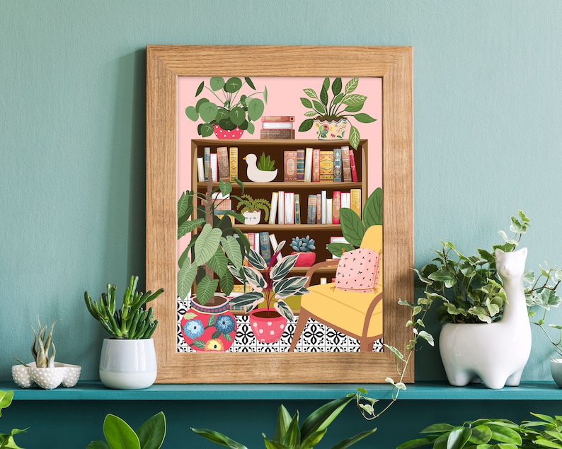 Bücherregal Bibliothek Dekor, Lese Geschenk für Buchliebhaber Wand Kunst Druck, Moderne Bücherregal Dekoration, Buntes Eklektisches Buch Kunst Poster Bild 4