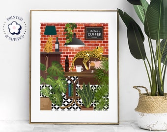 Coffee Bar Print, Coffee Shop Fun Animal Leopard Print, Colourful Eclectic Kitchen Bar Wall Art, Bold Botanical Animal Art Maximalist Decor
