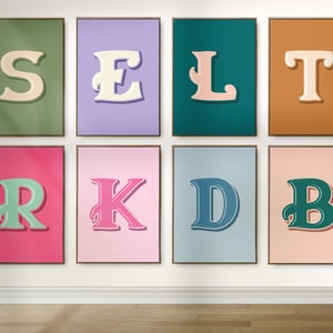 Impresión de letras personalizada, impresión inicial personalizada del alfabeto, impresión colorida del dormitorio inicial de los niños, regalo para un amigo, póster inicial personalizado