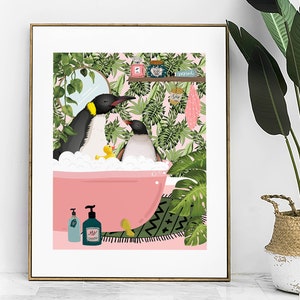 Penguin Bathroom Wall Art, Funny Animal Bathroom Print, Toilet Art Decor, Kids Bathroom Decor, Maximalist Wall Art, Tropical Bathroom Poster