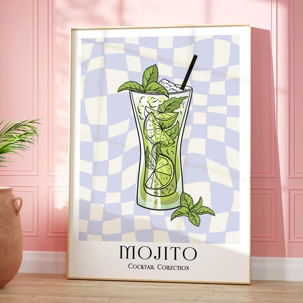 Mojito Cocktail Print, Colourful Bar Cart Gallery Wall Art, Retro Cocktail Poster, Kitchen Bar Drinks Wall Decor, Unique Gift For Her