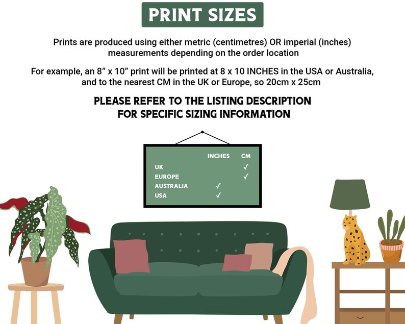 May include: A green chalkboard with the text "PRINT SIZES" and a table showing the different sizes of prints available in inches and centimeters for the UK, Europe, Australia, and the USA.