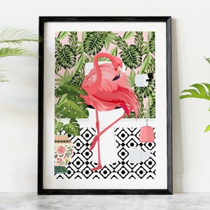 Pink Flamingo on Toilet Bathroom Prints, Animal on Toilet Cloakroom Wall Art, Tropical Botanical Fun Bathroom Decor, Maximalist Toilet Art