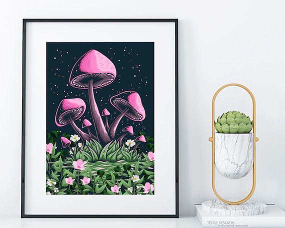 Décor de champignon rose, art de champignon, affiche de champignon magique,  impression de champignon, patch de champignon céleste imprimable,  champignons botaniques des bois -  France