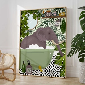 Elephant in Bathtub Animal Bathroom Prints, Maximalist Bathroom Printable Wall Art, Botanical Green Toilet Art, Eclectic Boho Bathroom Decor
