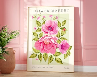 Pink Flower Market Print, Wild Flower Wall Art, Flower Market Poster, Living Room Print, Bedroom Wall Décor, Modern Abstract Plant Wall Art