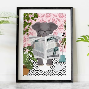 Elephant on Toilet Print, Animal on Toilet Fun Bathroom Wall Art, Floral Pink Botanical Bathroom Humour Art Print, Animal Reading Newspaper