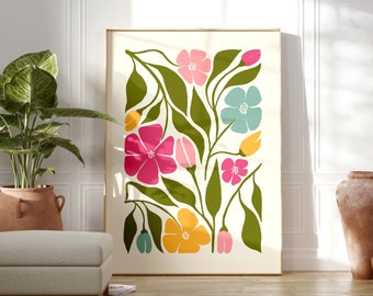Scandinavian Flowers Wall Art, Colourful Abstract Flower Print, Pink Blue Yellow Floral Art, Modern Botanical Plant Print, Living Room Decor