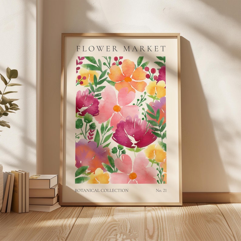 May include: A watercolor print featuring a floral pattern with pink, red, yellow, and purple flowers. The print has the text "FLOWER MARKET" at the top and "BOTANICAL COLLECTION No. 21" at the bottom.