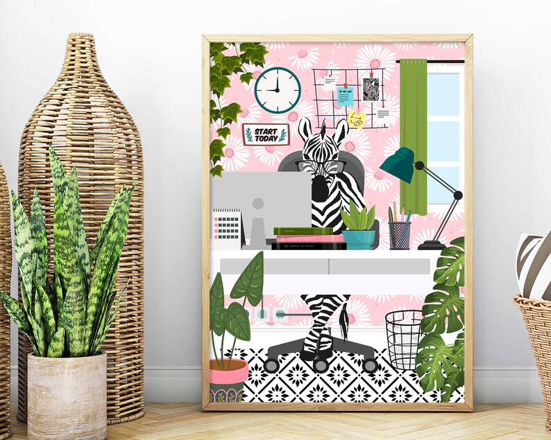 Home Office Decor Zebra Animal Print Colourful Modern Office Etsy