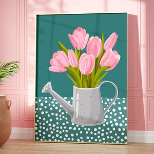 Pink And Teal Abstract Tulip Flower Print, Modern Polkadot Plant Prints, Colourful Floral Wall Art, Spring Flower Poster, Living Room Art