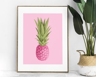 Pink Tropical Pineapple Eclectic Wall Art, Abstract Art Kitchen Print, Bright Pink Botanical Fruit Illustration, Modern Pineapple Home Decor