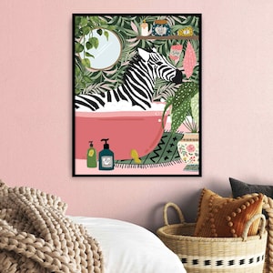 Zebra in Bathtub Boho Bathroom Print, Maximalist Animal in Bath Wall ...