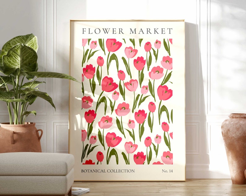 May include: A floral print poster featuring pink tulips and green leaves on a white background. The poster has the text "FLOWER MARKET" at the top and "BOTANICAL COLLECTION No. 14" at the bottom.