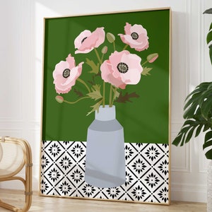 Pink Botanical Poppy Flower Print, Boho Spring Flower Vase Wall Art, Abstract Flowers Poster, Cottagecore Home Decor, Geometric Floral Print