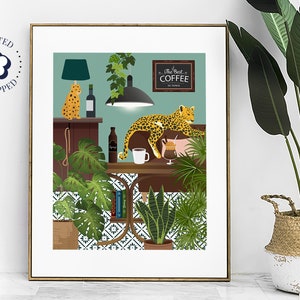 Leopard auf Sofa Kaffeebar Druck, Café Wildtier Poster, bunte vielseitige Küche Galerie Wandkunst, modernes Maximalisten-Dekor