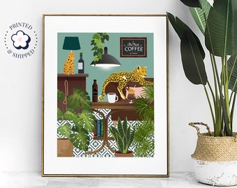 Leopard On Sofa Coffee Bar Print, Coffee Shop Wild Animal Poster, Colourful Eclectic Kitchen Gallery Wall Art, Modern Bold Maximalist Decor