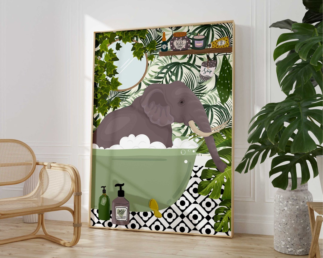 Elephant in Bathtub Bathroom Prints, Maximalist Animal in Bath Wall Art ...