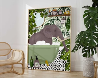 May include: A grey elephant enjoying a bath in a green bathtub with white bubbles. The elephant is surrounded by green tropical plants and a shelf with bottles and jars. The background is a white wall with white trim.