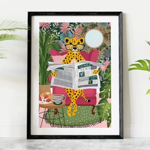 Cheetah Reading Newspaper Animal Print, Colourful Botanical Animal Wearing Glasses Wall Art, Tropical Pink Armchair Printable Eclectic Decor