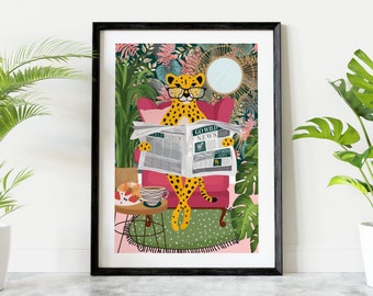 Cheetah Reading Newspaper Animal Print, Colourful Botanical Animal Wearing Glasses Wall Art, Tropical Pink Armchair Printable Eclectic Decor