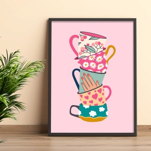 May include: A stack of five colorful mugs with floral and heart patterns on a pink background. The mugs are stacked in a tower, with the top mug being a pink and white floral mug. The second mug is a pink and white floral mug with a green leaf design. The third mug is a light blue mug with a hand design. The fourth mug is a pink mug with a white heart design. The fifth mug is a yellow and blue mug with a white cloud design.