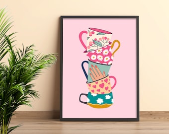 May include: A stack of five colorful mugs with floral and heart patterns on a pink background. The mugs are stacked in a tower, with the top mug being a pink and white floral mug. The second mug is a pink and white floral mug with a green leaf design. The third mug is a light blue mug with a hand design. The fourth mug is a pink mug with a white heart design. The fifth mug is a yellow and blue mug with a white cloud design.
