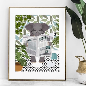 Elephant Bathroom Wall Art, Funny Animal Bathroom Prints, Toilet Art, Kids Bathroom Decor, Maximalist Wall Art, Botanical Bathroom Poster