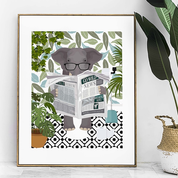 Elephant Bathroom Wall Art, Funny Animal Bathroom Prints, Toilet Art, Kids Bathroom Decor, Maximalist Wall Art, Botanical Bathroom Poster