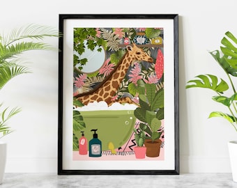 Giraffe in Bath African Animal Print, Maximalist Animal in Bathtub Wall Art, Tropical Safari Bathroom Pink Print, Jungle Bathroom Art Decor