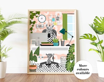 Home Office Decor Zebra Animal Print, Colourful Modern Office Desk Wall Art, Funny Botanical Maximalist Office Poster, Work From Home Gift