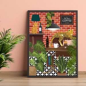 Coffee Bar Print, Coffee Shop Backdrop Leopard Print, Coffee Printable Wall Art, Bold Botanical Animal Art, Maximalist Coffee Lover Decor image 3