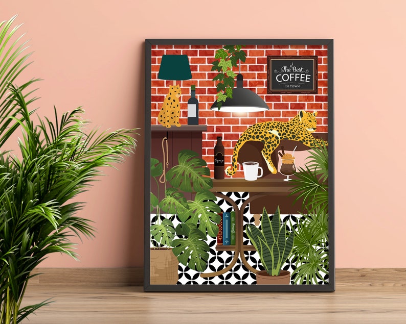 Coffee Bar Print, Coffee Shop Backdrop Leopard Print, Coffee Printable Wall Art, Bold Botanical Animal Art, Maximalist Coffee Lover Decor image 3