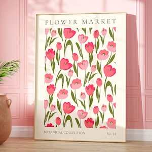 Stampa di tulipani del mercato dei fiori, arte da parete di fiori selvatici, poster del mercato dei fiori, stampa del soggiorno, decorazione della parete della camera da letto, arte della parete di piante astratte moderne