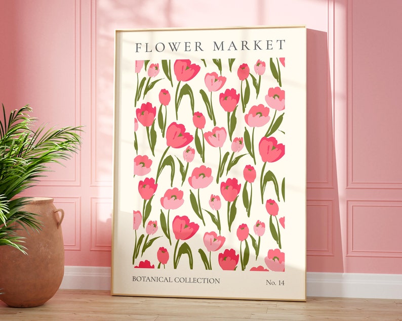 May include: A framed print featuring a white background with a repeating pattern of pink and red tulips with green stems. The print is titled "FLOWER MARKET" at the top and "BOTANICAL COLLECTION No. 14" at the bottom.