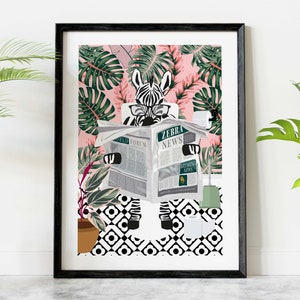 Zebra on Toilet Print, Animal on Toilet Fun Bathroom Wall Art, Tropical Pink Botanical Bathroom African Decor, Boho Animal Reading Newspaper