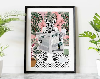 Zebra on Toilet Print, Animal on Toilet Fun Bathroom Wall Art, Tropical Pink Botanical Bathroom African Decor, Boho Animal Reading Newspaper
