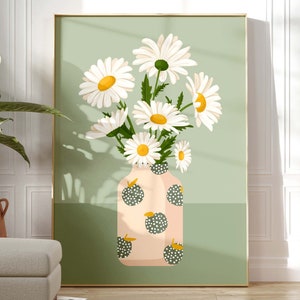 Arte de pared de flores con estampado de margaritas, estampado botánico de margaritas abstractas, flores silvestres bohemias en estampado de jarrón, colorido ramo de flores, póster artístico de margaritas