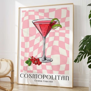 Impresión de cóctel cosmopolita, colorido arte de la pared de la galería del carrito de la barra, cartel de cóctel retro, impresión de bebidas del bar de la cocina, decoración de la pared de bebidas