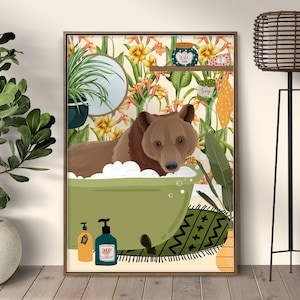 Bear in Bathtub Fun Bathroom Wall Art, Animal in Bath Botanical Bathroom Print, Bear Print For Kids Nursery Decor, Maximalist Bathroom Decor