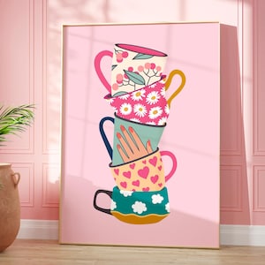 Stacked Tea Cups Print, Retro Mug Floral Art, Colourful Eclectic Vintage Kitchen Wall Art, Boho Kitchen Dining Room Print, Fun Kitchen Decor
