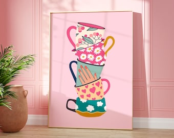 May include: A stack of five colorful teacups with floral and heart patterns on a pink background.