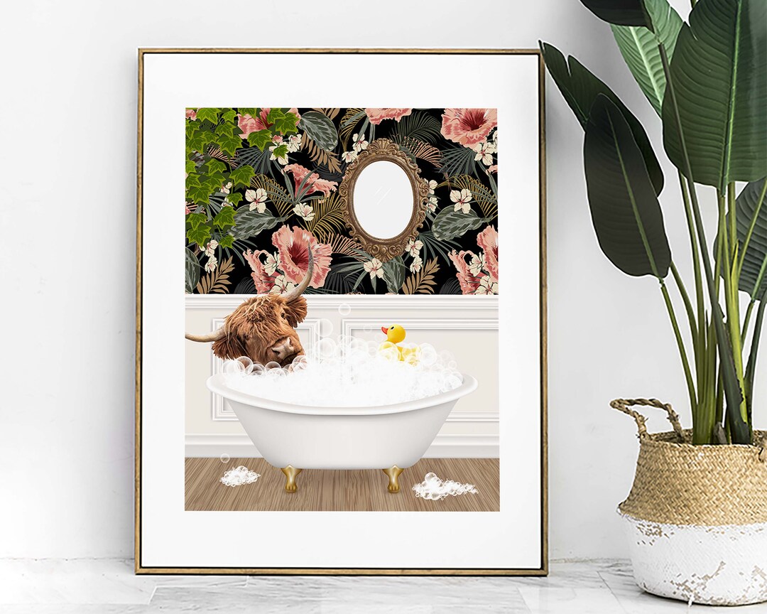 Scottish Highland Cow in Bath Print, Colourful Animal in Bathtub Art ...