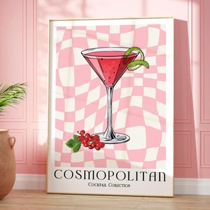 Wydruk koktajlu Cosmopolitan, kolorowa galeria sztuki ściennej na wózek barowy, plakat koktajlowy retro, dekoracje ścienne do drinków w barze kuchennym, wyjątkowy prezent dla niej