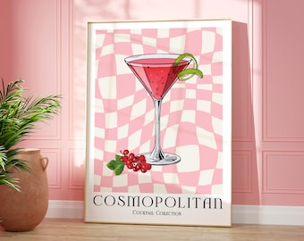 Cosmopolitan Cocktail Print, Colourful Bar Cart Gallery Wall Art, Retro Cocktail Poster, Kitchen Bar Drinks Wall Decor, Unique Gift For Her