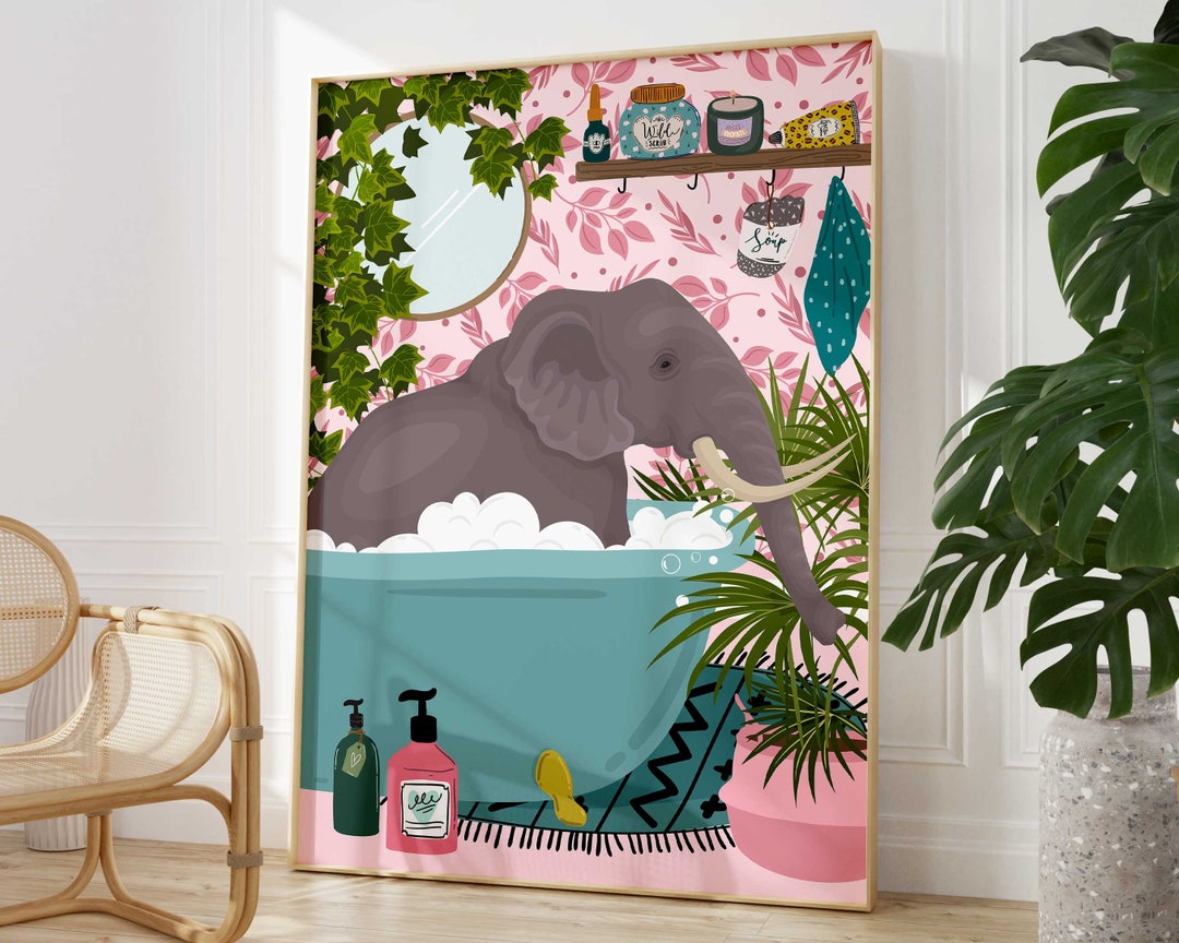 Elephant Bathroom Wall Art, Funny Animal Bathroom Prints, Toilet Art ...