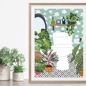May include: A digital illustration of a bathroom with a white toilet, a mirror, and a shelf with bottles and plants. The walls are covered in a green and white floral wallpaper. The floor is tiled in black and white.