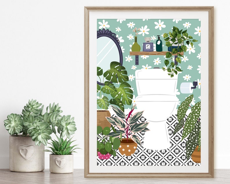 May include: A digital illustration of a bathroom with a white toilet, a mirror, and a shelf with bottles and plants. The walls are covered in a green and white floral wallpaper. The floor is tiled in black and white.