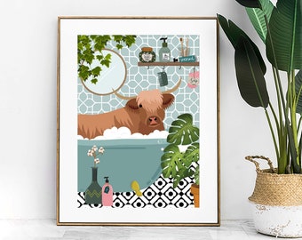 Decoración de pared para baño con vaca de las Tierras Altas, lámina divertida de animales para el baño, decoración para el baño, cuadro para el baño infantil, póster humorístico en azul y gris.