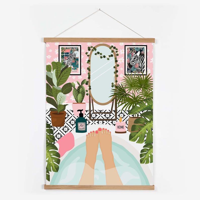 May include: A decorative print featuring a bathroom scene with a bathtub, plants, and a mirror. The artwork includes a pink background with floral patterns, a black and white tile floor, and two framed zebra prints. The image is mounted on a wooden frame.